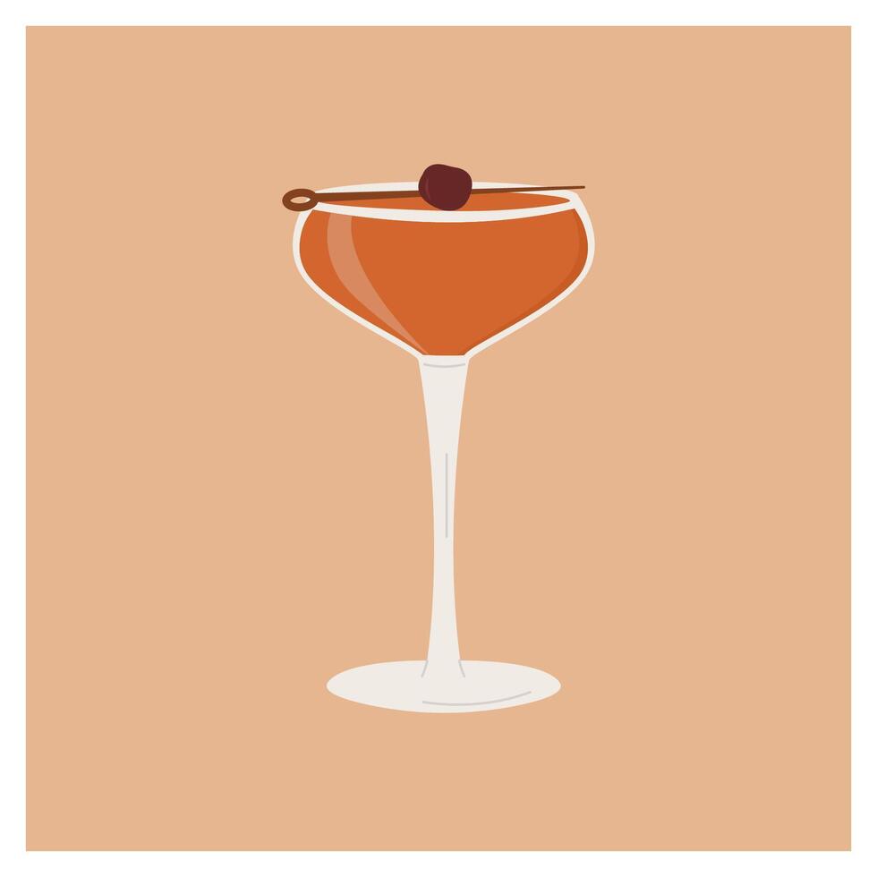 Manhattan Classic Cocktail garnished with maraschino cherry. Classic alcoholic beverage card for bar menu. Summer aperitif. Minimalist alcoholic drink. Vector illustration isolated on background.