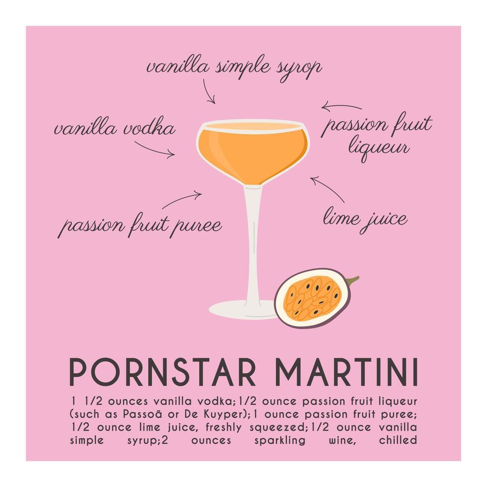 Pornstar Martini Cocktail garnished with passion fruit. Classic alcoholic beverage recipe modern square print with ingredients. Summer aperitif. Minimalist trendy alcoholic drink. Vector illustration.