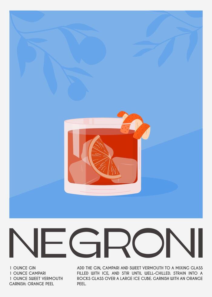 Negroni Cocktail in old fashioned glass with ice. Summer Italian aperitif retro poster. Elegant print, wall art with alcoholic beverage decorated with orange peel and citrus tree on background. Vector