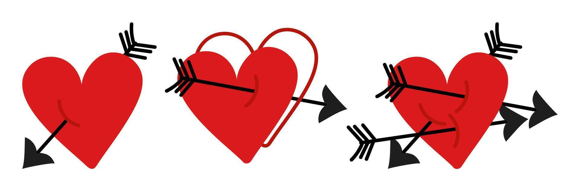 A set of hearts were pierced by arrows. An illustration in the form of doodles, made in red and black colors. A heart with a doodle-style arrow icon. Vector flat isolated element. Hearts with arrows