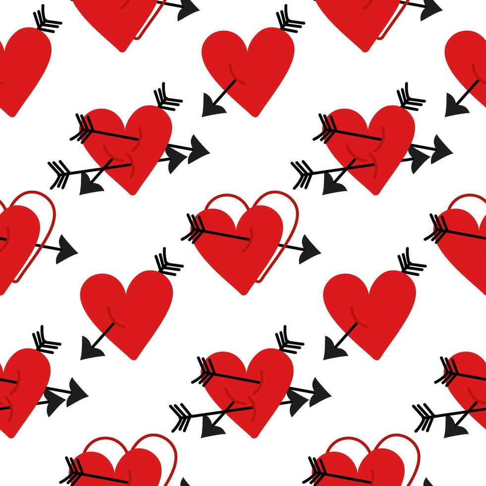 Pattern of Hearts that were pierced by an arrow. Astrakhan texture is made in red and black colors. Heart with a doodle-style arrow icon. Vector flat element with lots of arrows. Heart pierced