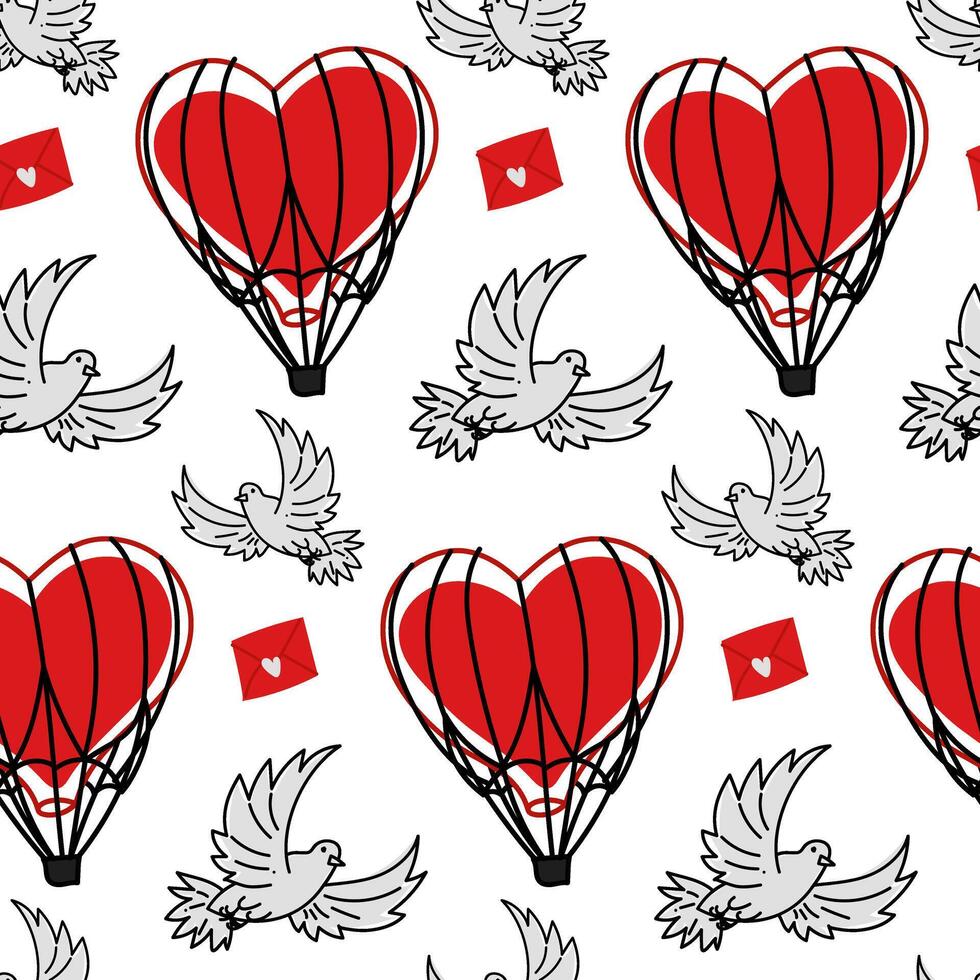 A dove pattern with a letter and a heart-shaped airship for Valentine's Day in doodle style. Background for greeting cards, scrapbooking, printing, gift wrapping, fabric making. Red black colors vector