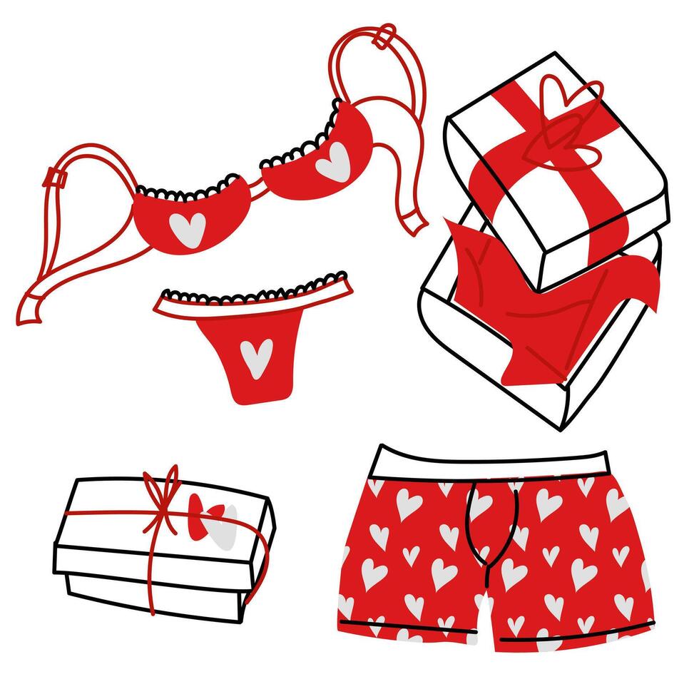 Set of women's and men's underwear doodle with gift boxes for Valentine's Day. A set of underwear. Modern colorful collection of hand-painted underwear. The concept of sensuality and romance. Red vector