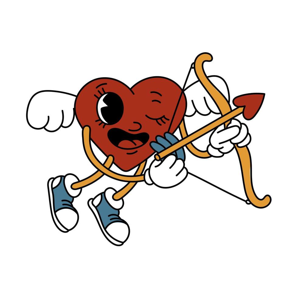 un aislado imagen de un retro corazón con alas, disparo un flecha. un masculino personaje en el forma de un corazón en el estilo de un retro dibujos animados, aislado en un blanco antecedentes. vector San Valentín día