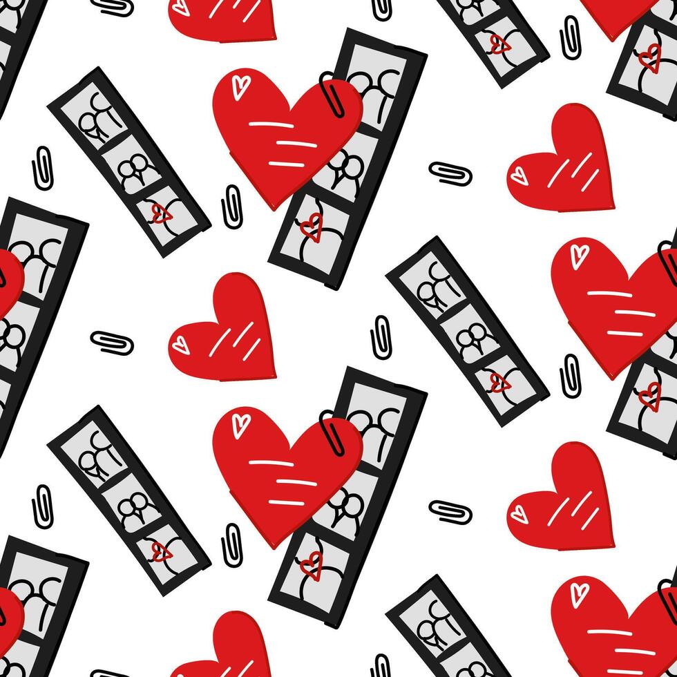 A pattern of a Valentine's day card and photo strips from a photo booth, doodle. A photo card with paper hearts. Memories of Valentine's Day. The postcard with the photos is stapled with a paper clip vector