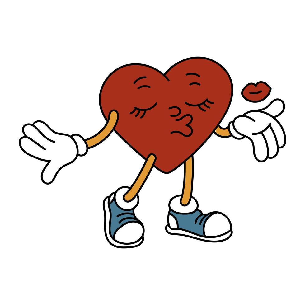 un aislado imagen de un retro corazón soplo un beso. un masculino personaje en el forma de un corazón en el estilo de un retro dibujos animados, aislado en un blanco antecedentes. vector plano ilustración. San Valentín día