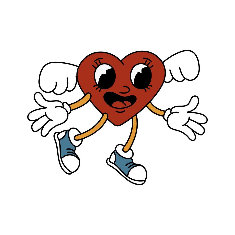 An isolated image of a retro heart with wings, with a joyful face. A male character in a heart-shaped retro cartoon style, isolated on a white background. Vector Valentine's Day. Sneakers, gloves