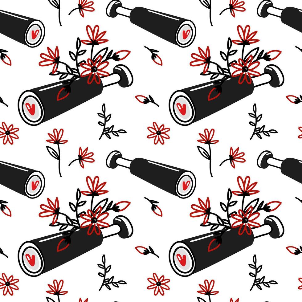 A pattern with marine binoculars and a heart in flowers. The ornament of the search for love in the vector. A magnifying glass with a heart inside. Texture for printing on the Valentine's Day holiday vector