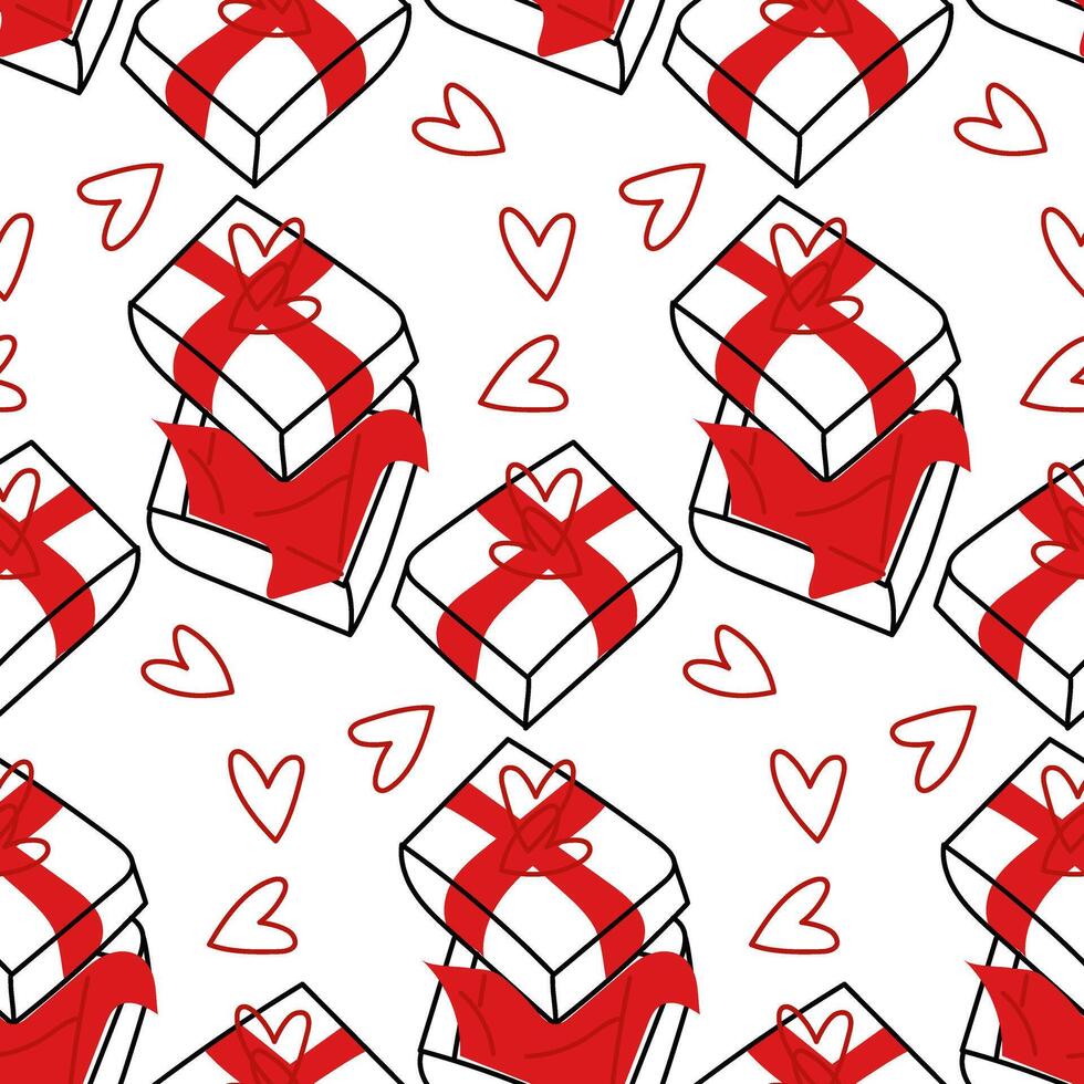 un regalo caja con un patrón, abierto y cerrado, garabatos con corazones para San Valentín día. rojo sin costura textura con cajas atado con cinta y tachonado con corazones en un blanco antecedentes vector
