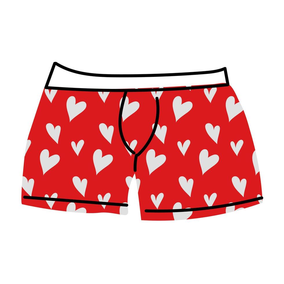 Men's underwear Doodle, underwear for Valentine's Day with a heart. Boxer briefs. Modern red men's underwear, hand-painted. The concept of romantic masculinity vector