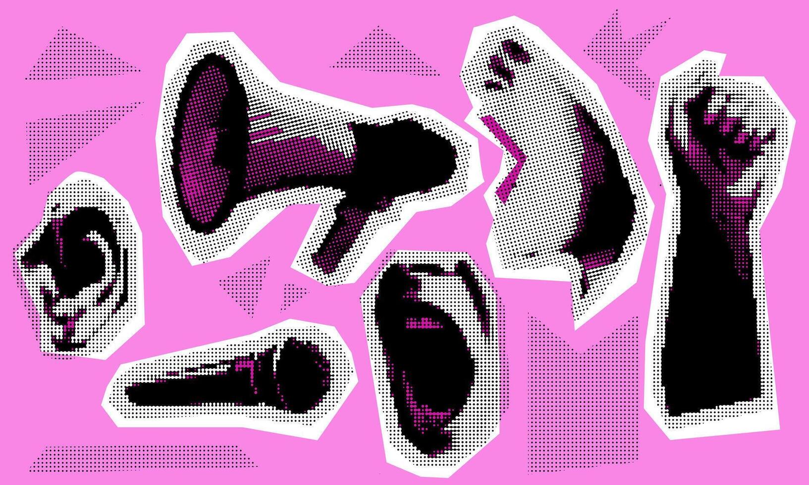 A set of flashy motifs in grunge pop art collages. Elements of a paper collage. Open mouth, microphone, scream, hand, ear, profile. Vector illustration. The aesthetics of grunge punk. Black, Pink