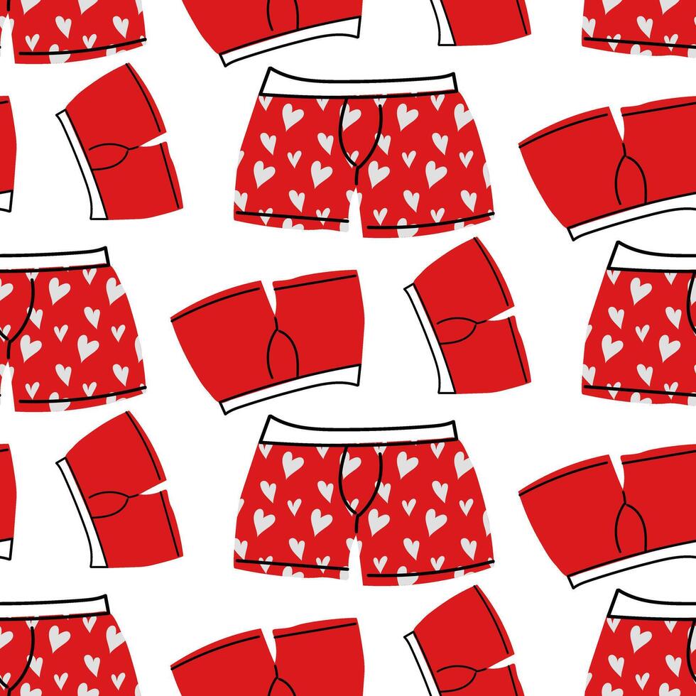 Pattern of men's underwear doodle for Valentine's Day. A set of underwear boxers. A modern colorful collection of hand-painted underwear. The concept of sensuality of romance. Red on White heart vector