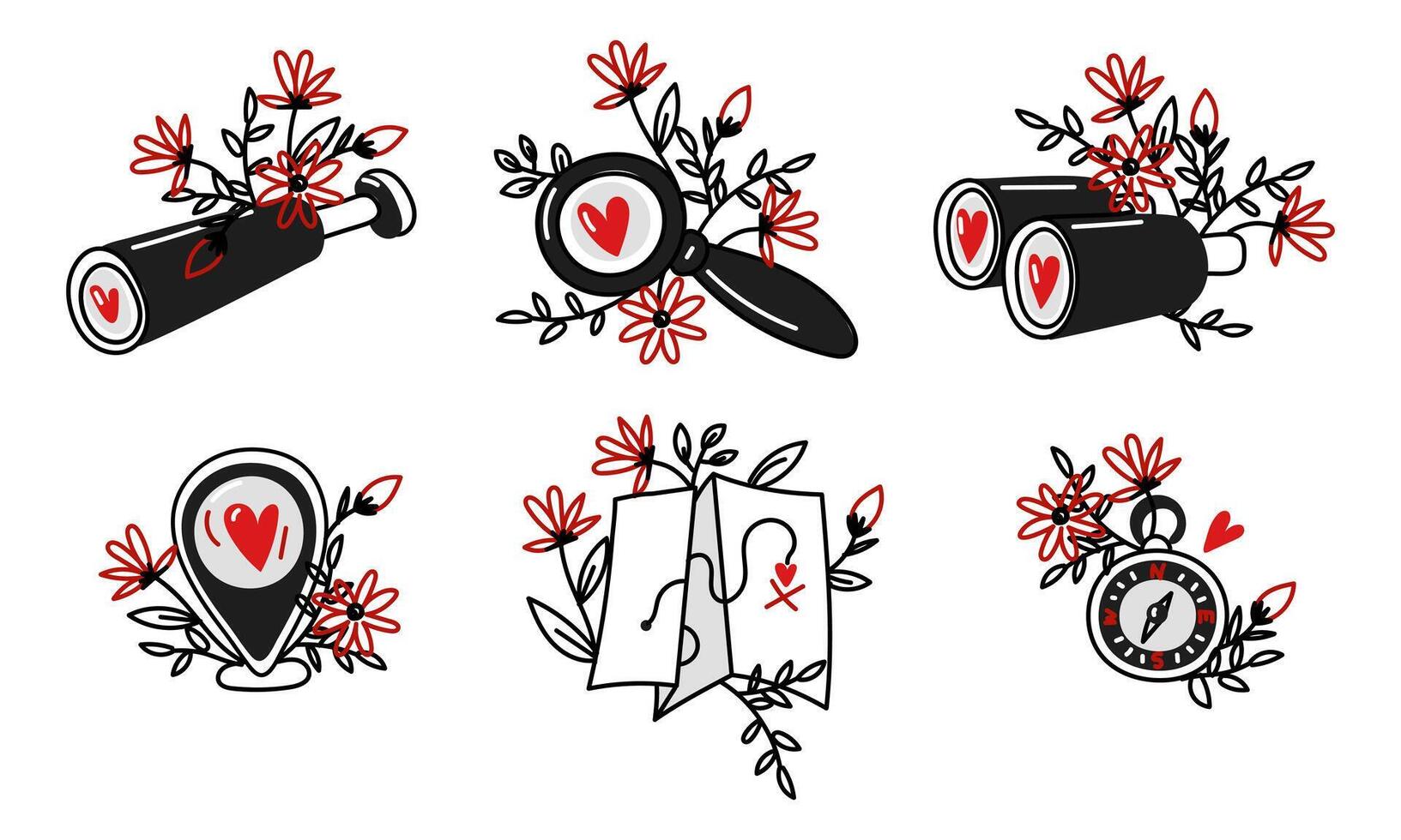 Set of doodle objects for searching for love, a magnifying glass, binoculars, a map, a compass in colors. Search items with hearts for Valentine's Day. Find love with the help of a card. Black Red vector