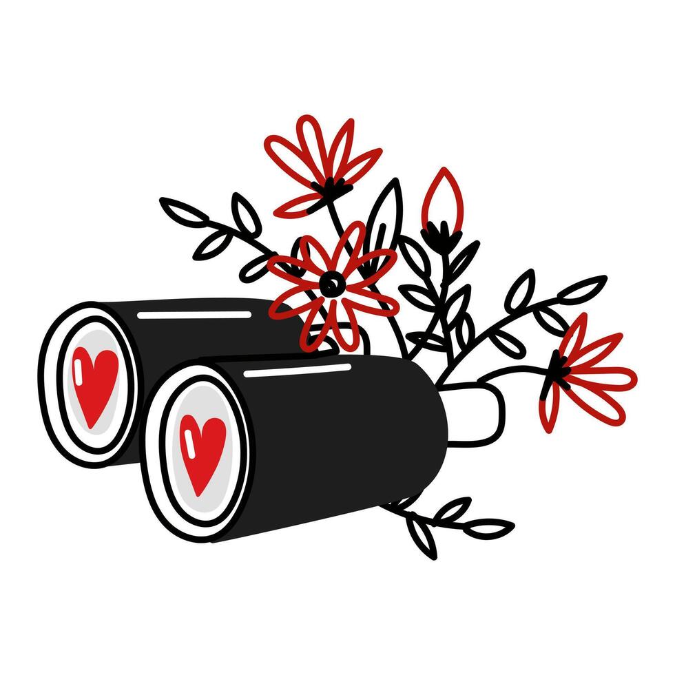 Binoculars with a heart in flowers. The love search icon in the vector. A magnifying glass with a heart inside. An illustration for dating. Valentine's day icon, linear love search icon vector