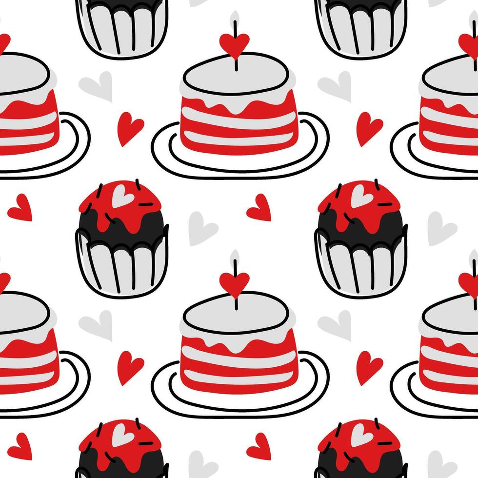 Pattern cake, muffin. Sketches of doodle cupcakes with hearts. Baked dessert for a Valentine's Day party. Ornament is hand-drawn. A linear sketch of the battery. With love , doodle flat illustration vector