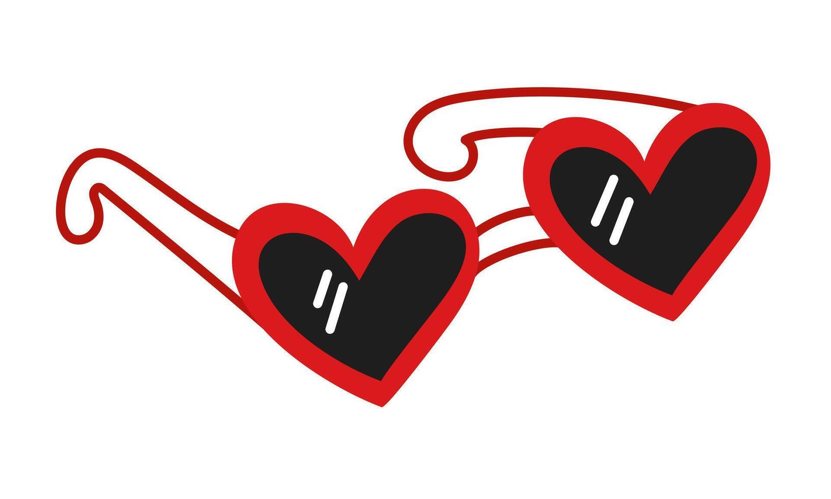Gafas de sol en el forma de garabatear corazones en rojo y negro colores. un plano vector contorno objeto para amantes San Valentín día, retro objeto para visión. aislado Insignia con rojo marco y negro vaso