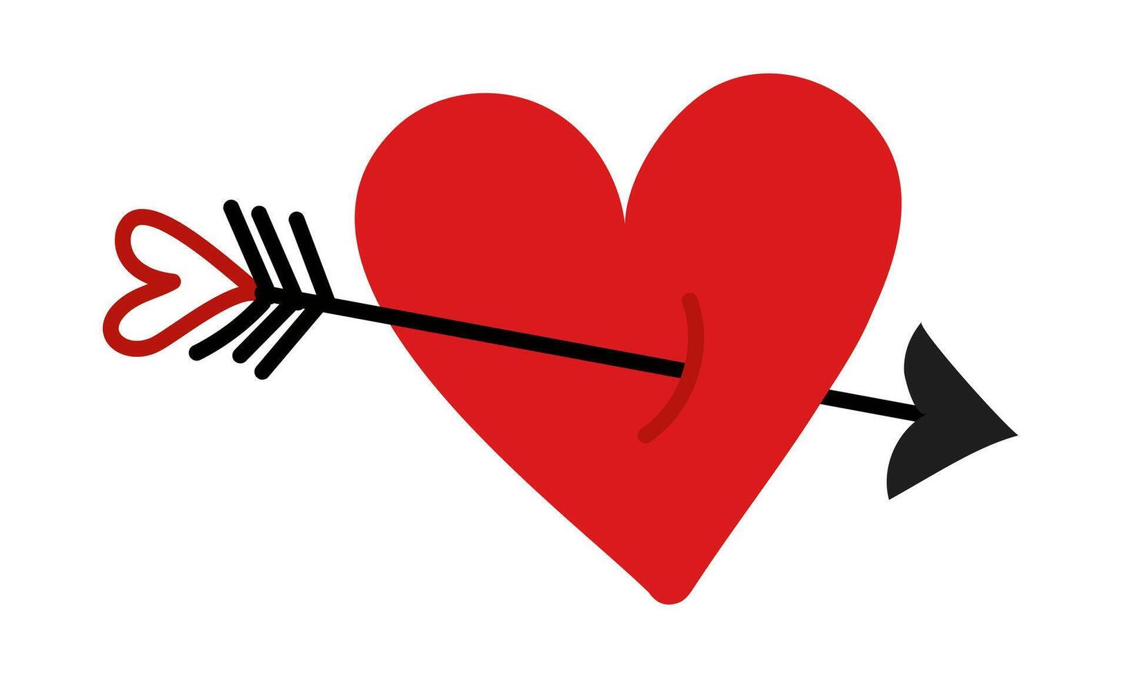 The heart was pierced by an arrow. A doodle illustration made in red and black colors. A heart with a doodle-style arrow icon. Vector flat isolated element. A heart pierced by an arrow with a heart