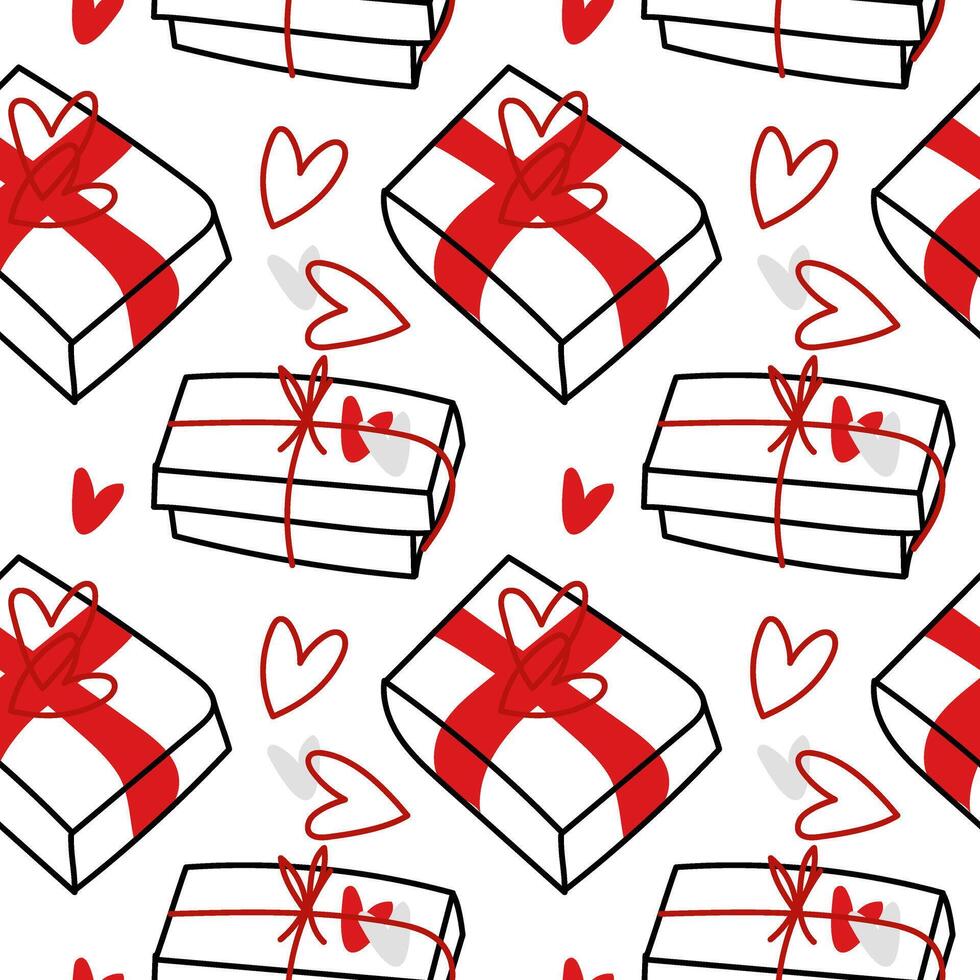 Pattern with various gift boxes tied with ribbon, a closed doodle box with hearts for Valentine's day. Red seamless texture with boxes tied with ribbon and studded with hearts on a white background vector