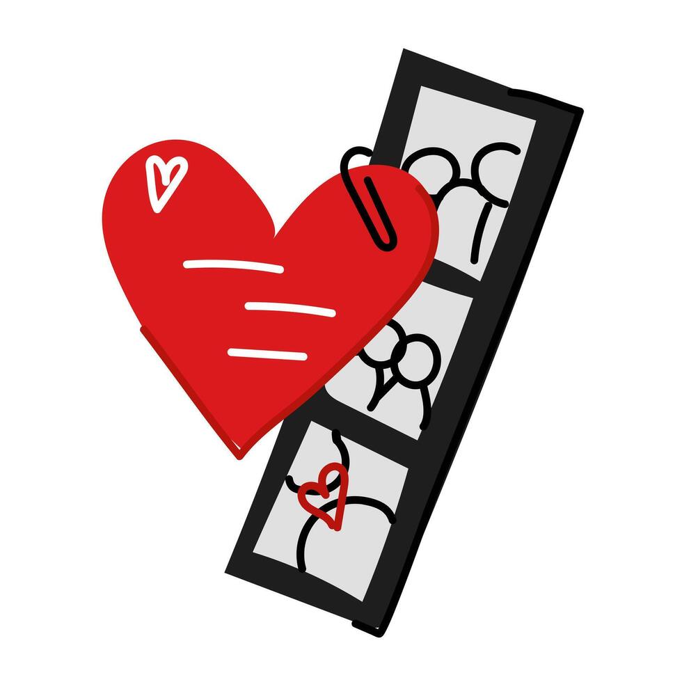 Valentine's Day postcard and photo strips from the photo booth, doodle. Photo card with paper hearts. Memories of Valentine's Day. The postcard with the photos is stapled with a paper clip vector