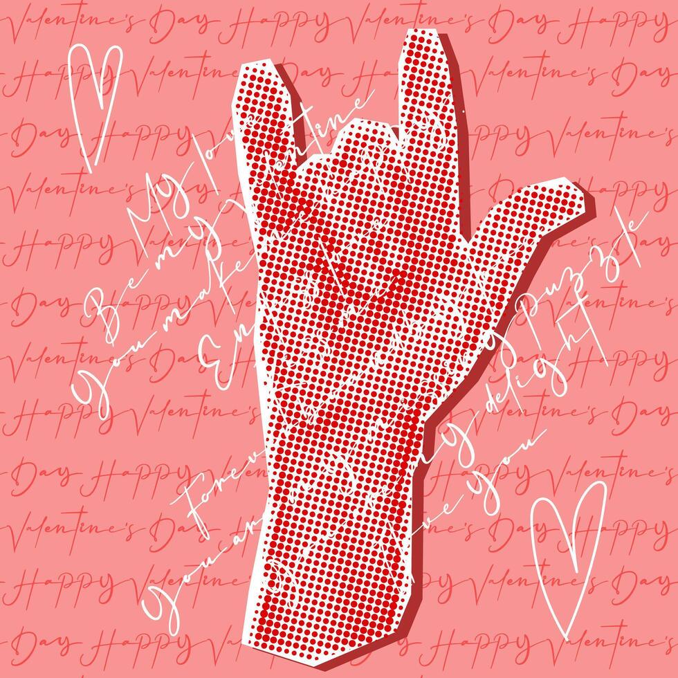 A hand in the sign I love you grunge pop art dots on Valentine's Day. Pink background with inscriptions and a hand in dots for a postcard to a loved one. A declaration of love and a heart. collage vector