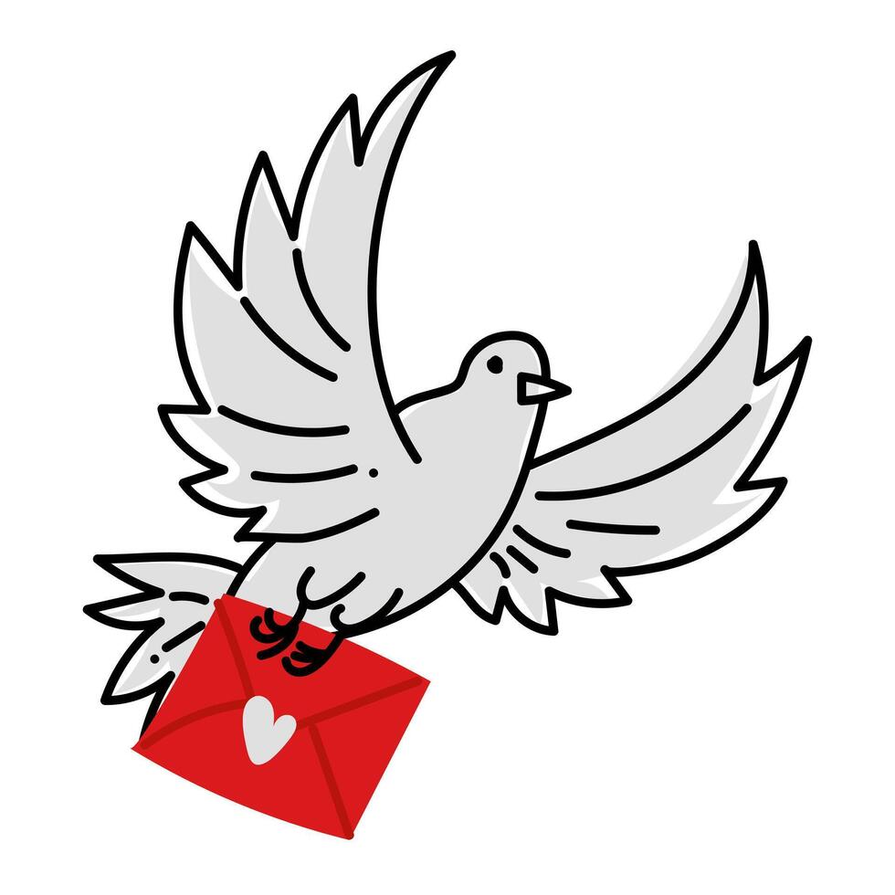 Doodle pigeon with a letter for Valentine's Day in red, black, white colors. Isolated vector illustration of a pigeon with a red letter and a heart. Sending a message, correspondence with a loved one