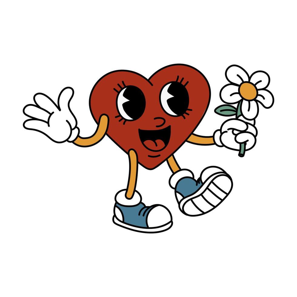 An isolated image of a retro heart holding a flower in its hands. A male character in the shape of a heart in the style of a retro cartoon, isolated on a white background. Vector illustration