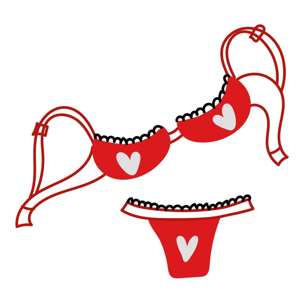 Women's underwear Doodle, a set of underwear for Valentine's day with a heart. Panties, bras. A modern colorful collection of women's underwear, hand-painted. The concept of sensuality and femininity vector