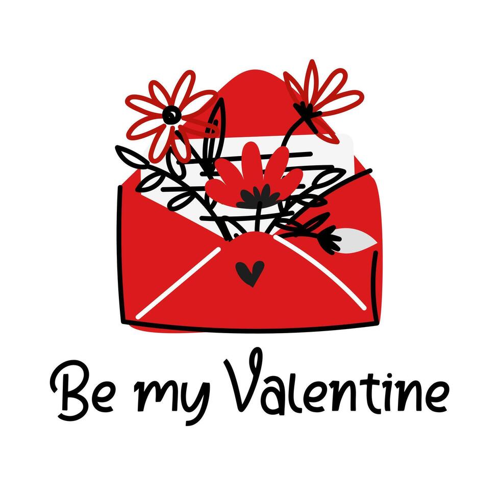 Postal envelope with flowers is a Valentine's Day card with the inscription Be my Valentine. A Valentine's Day card. A letter with flowers and an inscription. Flat style. Cartoon vector illustration