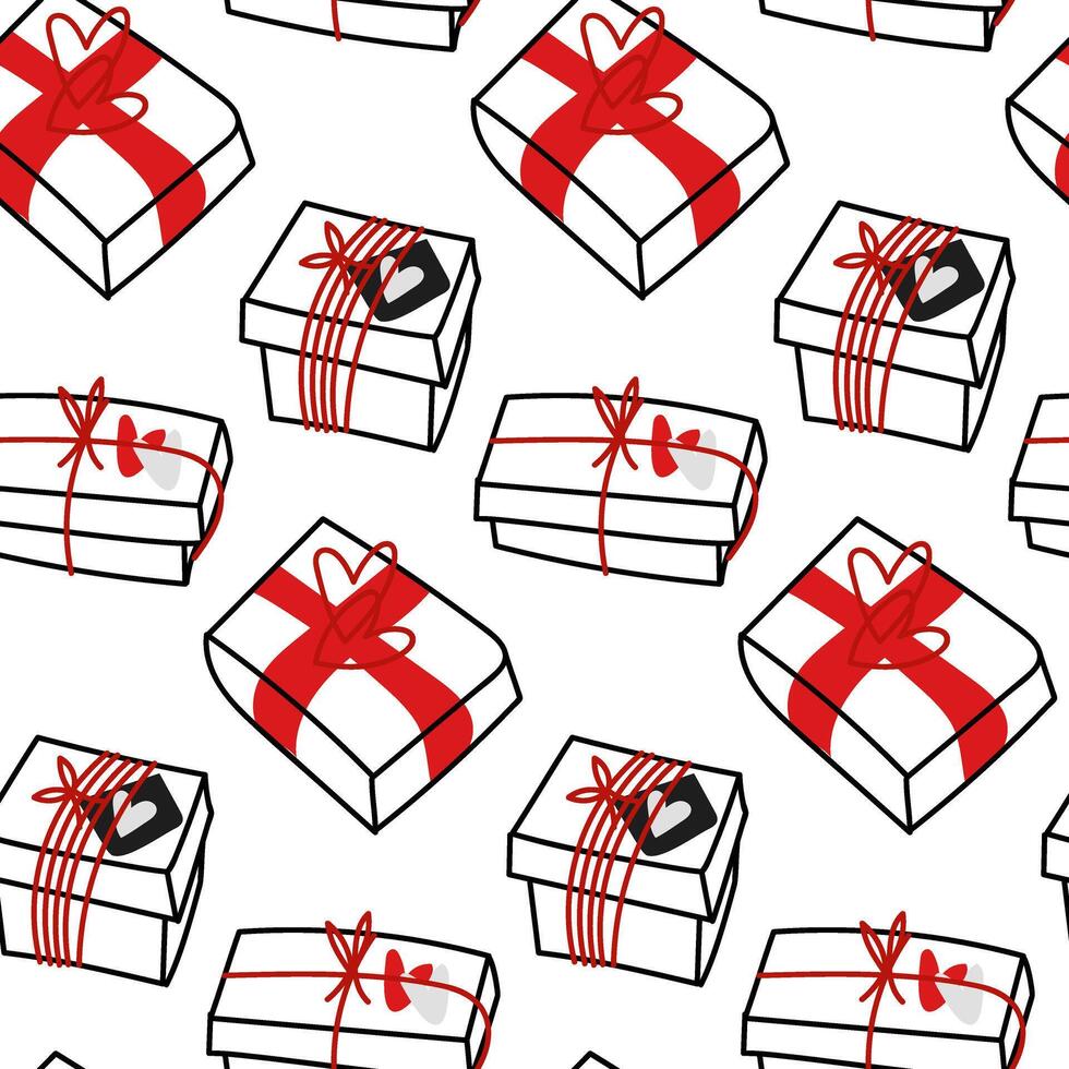 un modelo con varios regalo cajas atado con cinta, un cerrado garabatear caja con San Valentín día tarjetas rojo sin costura textura con cajas atado con cinta y tachonado con corazones en un blanco antecedentes vector