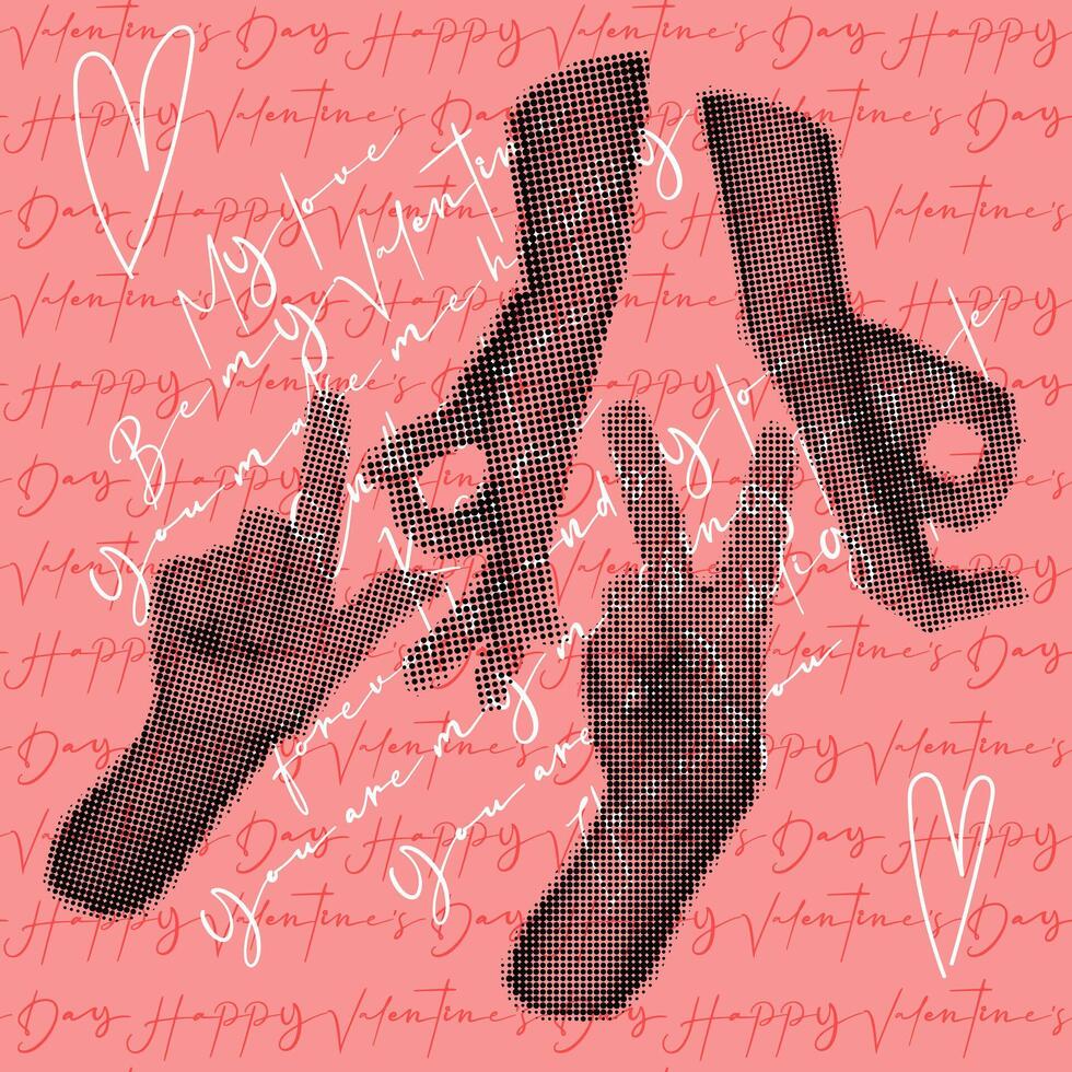 Hands make the inscription love grunge pop art dots, Valentine's Day postcard. Pink background with inscriptions and hands in dots for a postcard to a loved one. A declaration of love and a heart vector