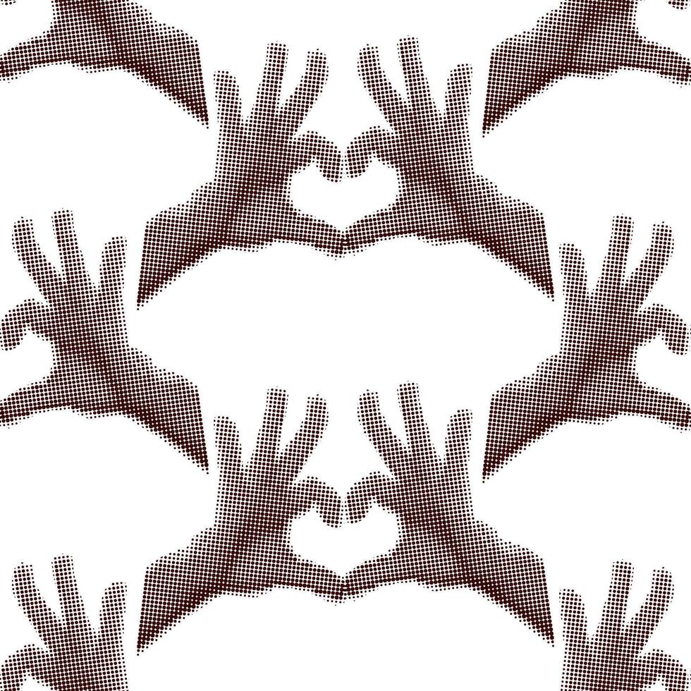 Pattern of hands folded in the shape of a heart in the style of grunge pop art a Valentine's Day card. Repeating hands, fingers in the heart to print on the clothes of a loved one. Declaration of love vector