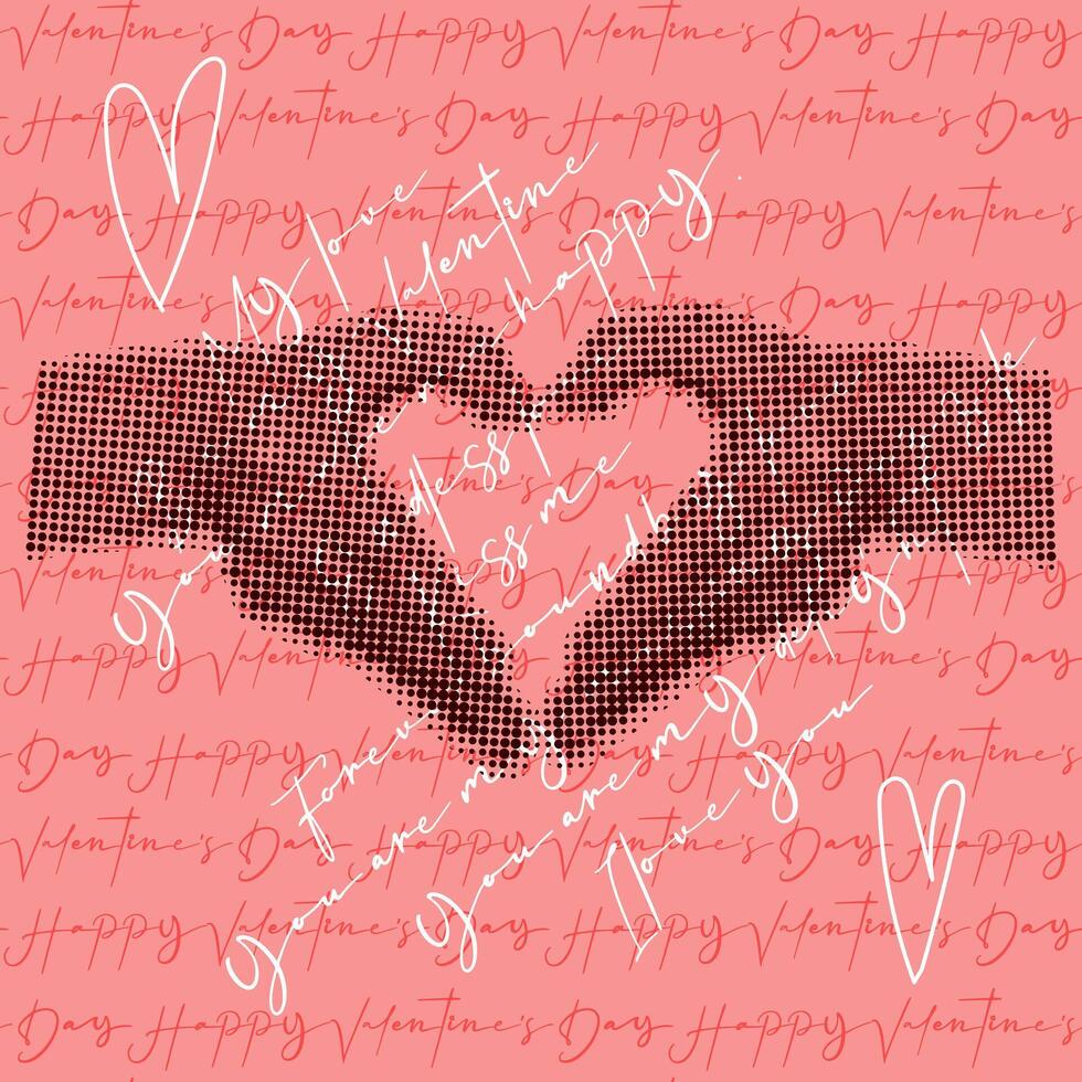 Hands folded in the heart of grunge pop art dots, Valentine's Day postcard. Pink background with inscriptions and hands in dots for a postcard to a loved one. A declaration of love and a heart vector