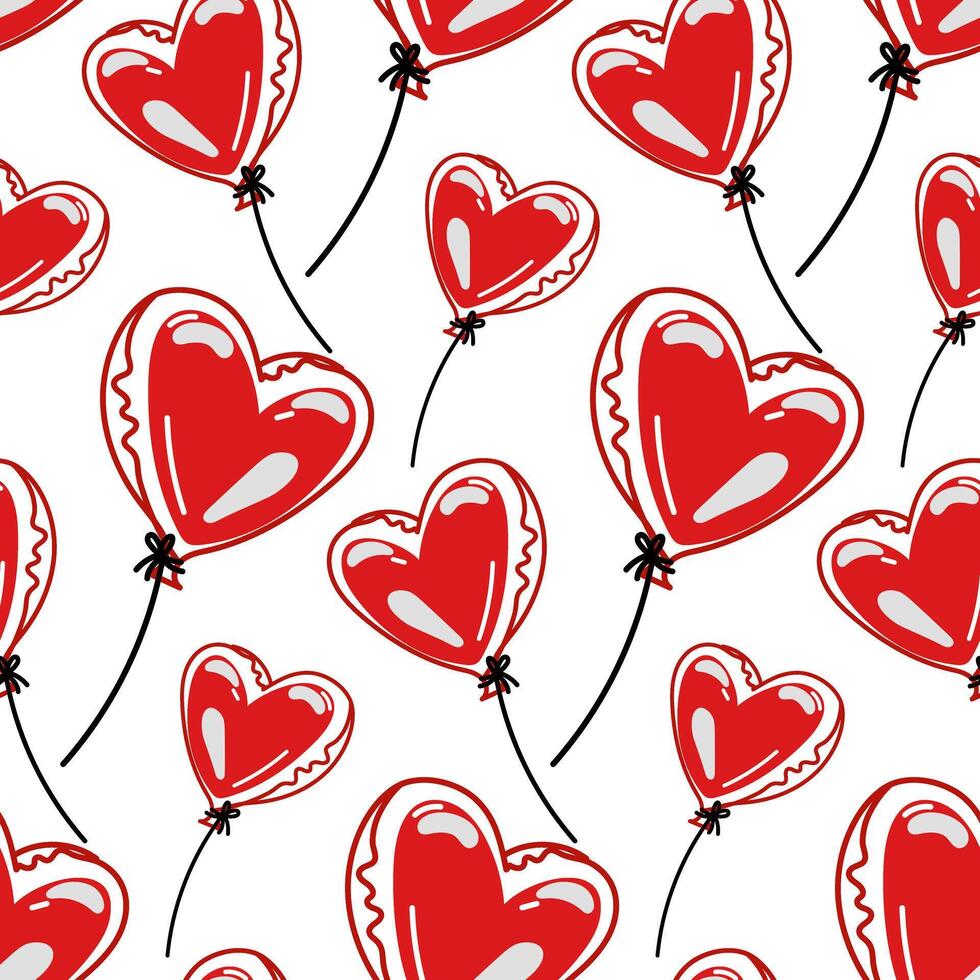 Balloon pattern is in the shape of a heart. Cute heart-shaped balloons with seamless vector pattern. A festive accessory for Valentine's Day. Hand-drawn doodles. Festive black, red printing, posters