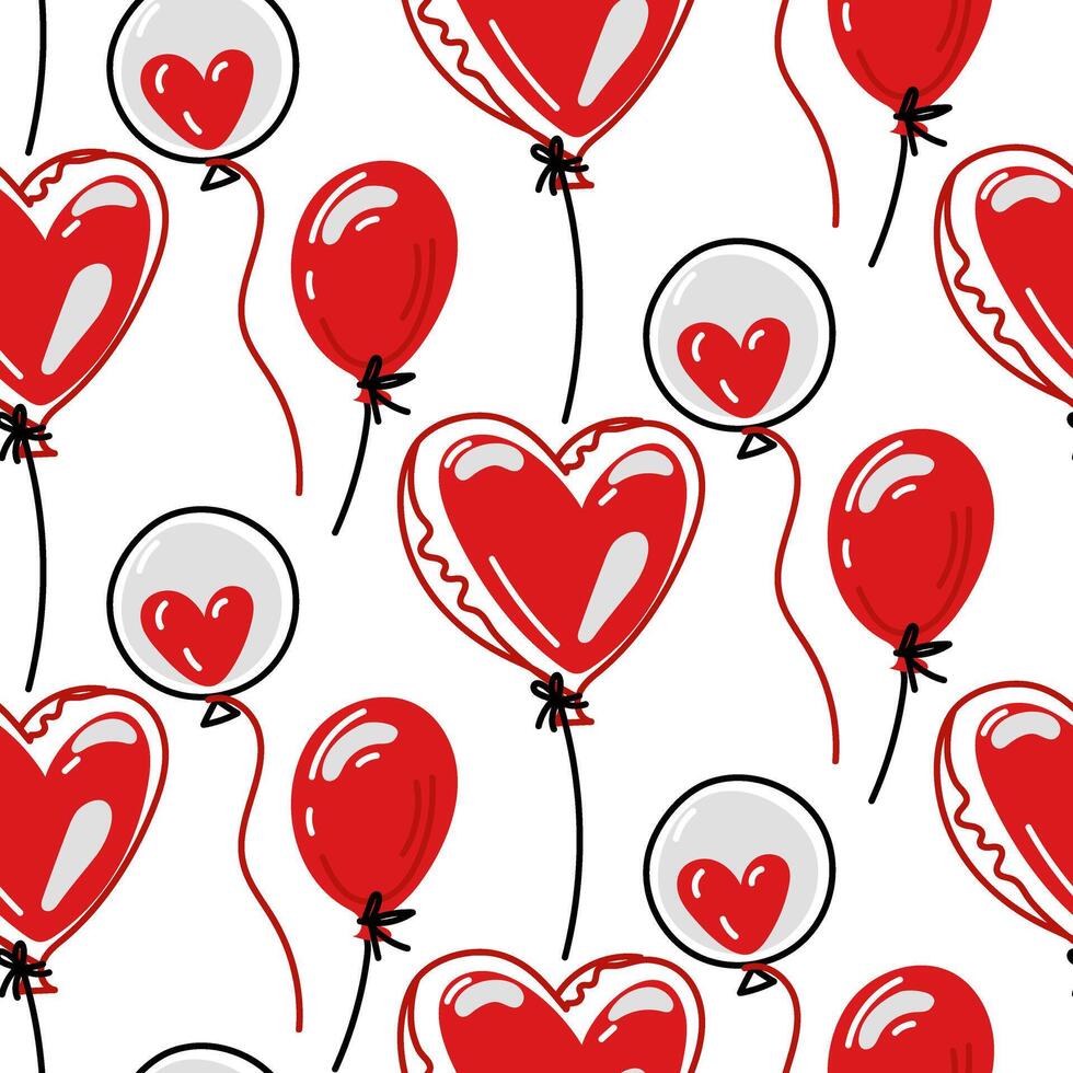 A pattern of various balloons with hearts. Balloons in a seamless vector drawing. A festive accessory for Valentine's Day. Hand-drawn drawings. Festive black, red for printing, posters