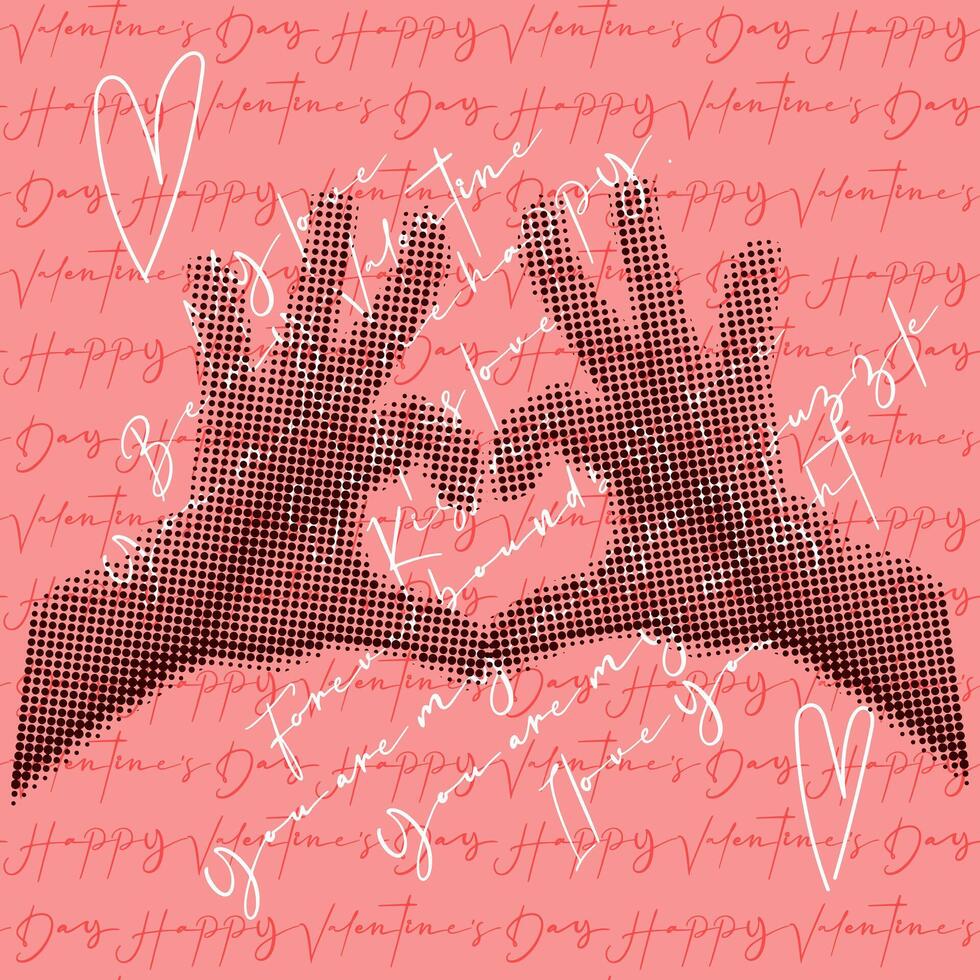 Hands folded in the heart of grunge pop art dots, Valentine's Day postcard. Pink background with inscriptions and hands with a heart in dots for a postcard to a loved one. A declaration of love vector