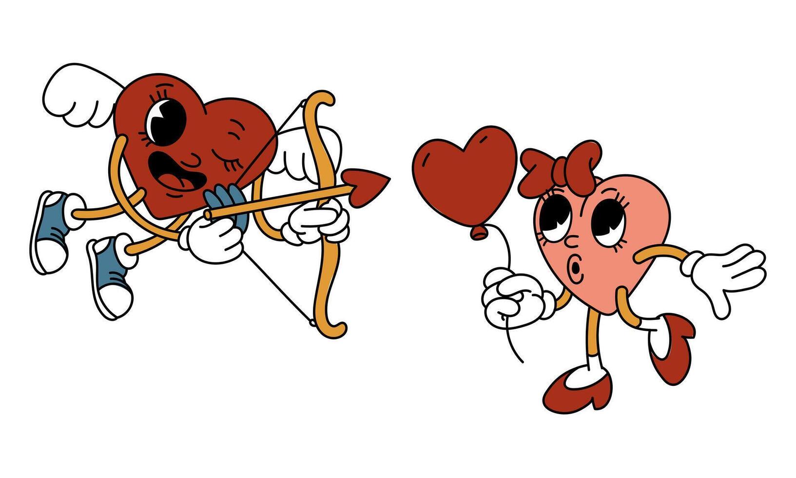 A pair of isolated retro hearts of a boy and a girl. The characters are in the shape of hearts in a retro cartoon style. Vector flat illustration. Valentine's Day boy wings bow and arrow, girl balloon