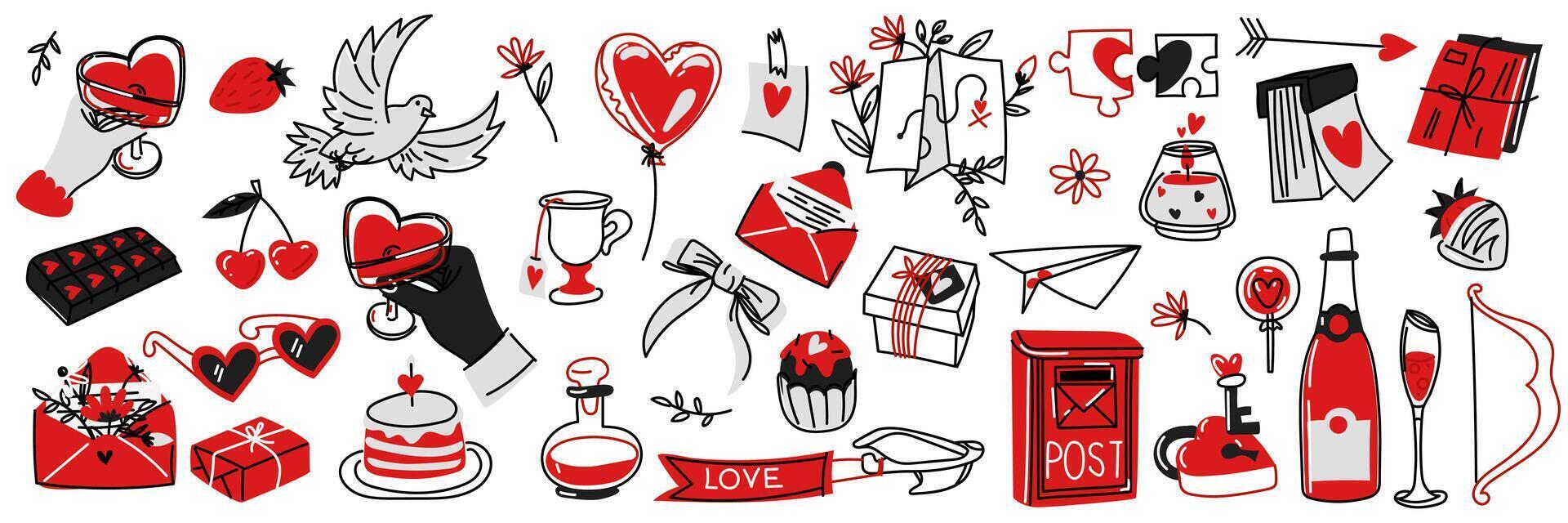 A set of items for Valentine's Day in the doodle style. Black and red linear contour. An isolated vector. Envelopes with hearts, keys and locks, birds, mail, champagne, chocolate, airplane, cupcake vector