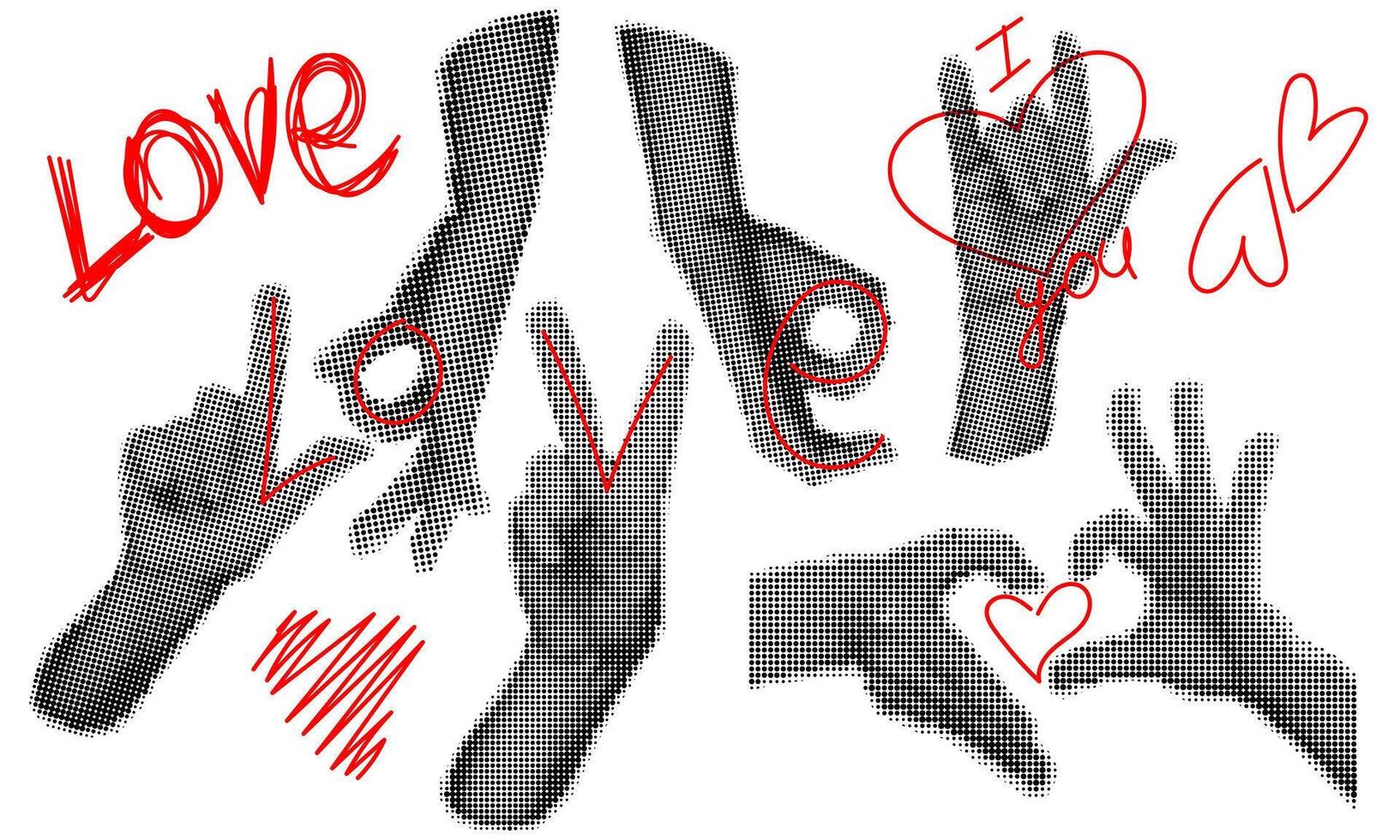 Set of hands in the style of pop art show signs of love with hearts. Fashionable set of hands for collage. Hand gestures, doodle red line. Grange retro style black circles. Modern vector illustration