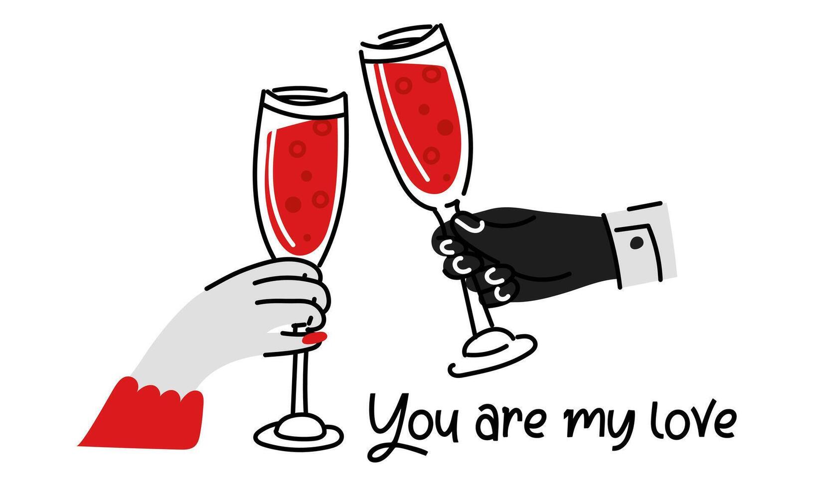 A couple's postcard with glasses of wine in their hands and the inscription You are my love. A Valentine's Day card. Vector illustration in sketch style. A couple on a romantic date drinking