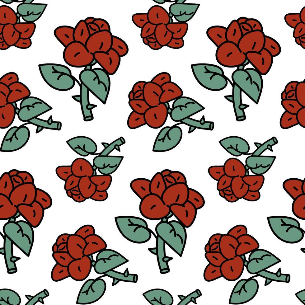 Retro cartoon rose pattern. The rose is hand-painted. A bright black outline with red and green fill. Seamless pattern highlighted on a white background. Vintage abstract endless background. vector