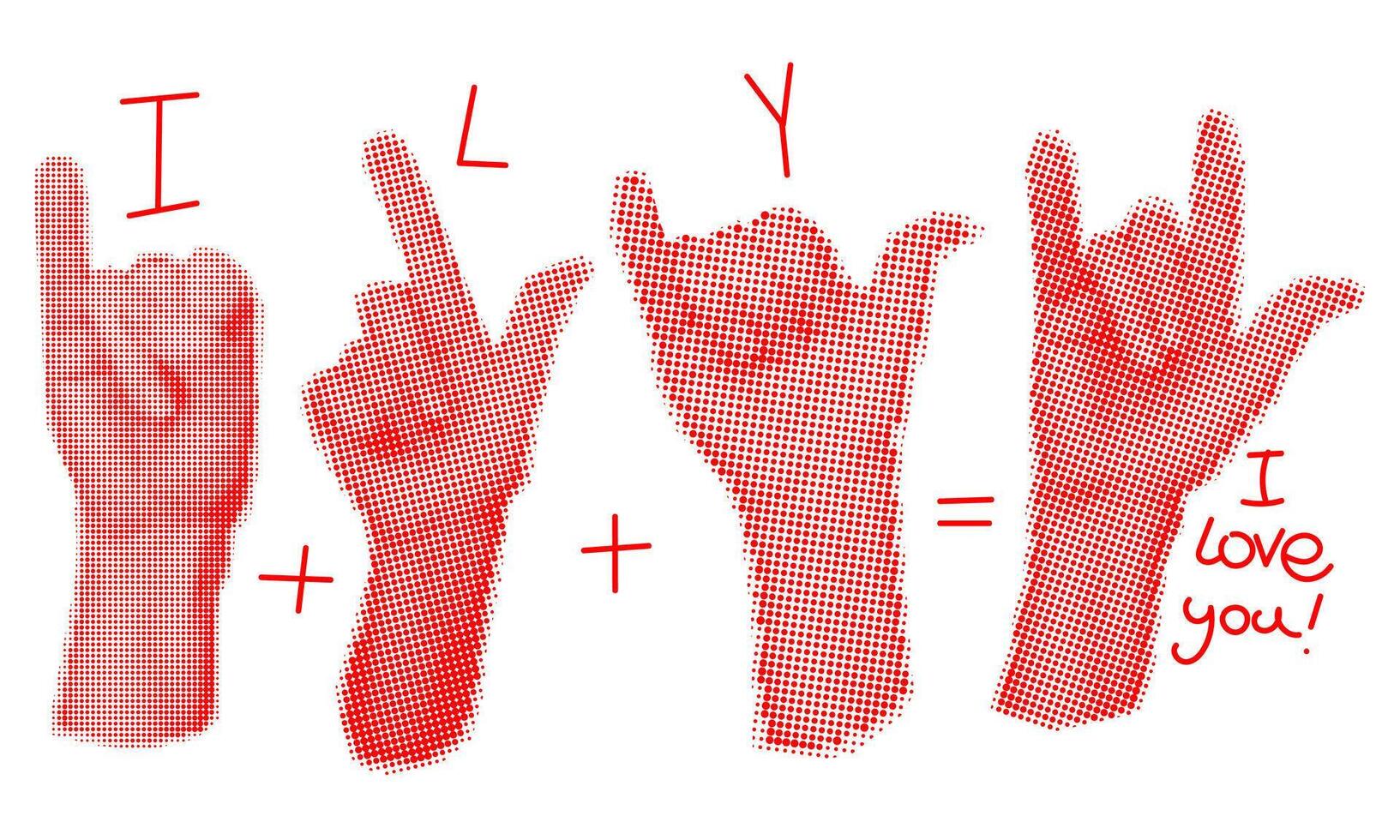 I love You hand sign in grunge dot style. Hand designation Folded different symbols are folded as a sign of love. Hands up. A postcard for lovers on a white background. Red dots collected vector