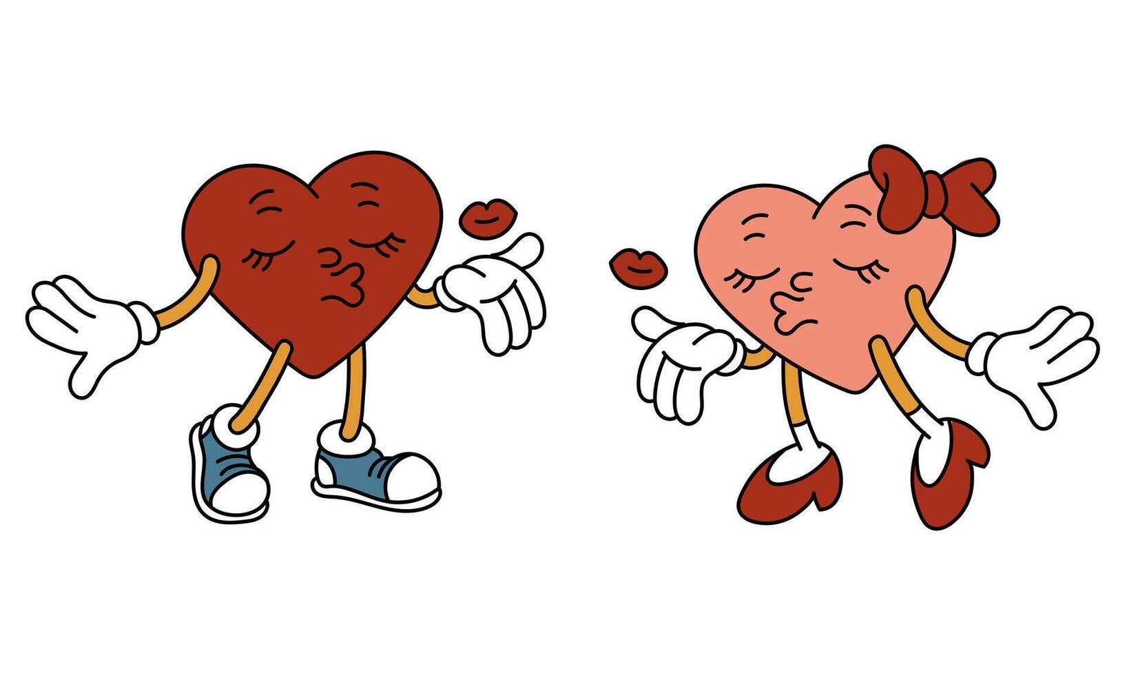 Pair of isolated retro hearts of a boy, a girl are walking towards each other. The characters are in the shape of hearts in a retro cartoon style. Vector flat illustration. Valentine's Day air kisses