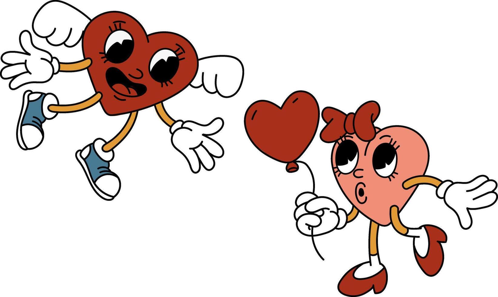 A pair of isolated retro hearts of a boy and a girl. The characters are in the shape of hearts in a retro cartoon style. Vector flat illustration. Valentine's Day boy wings, girl balloon