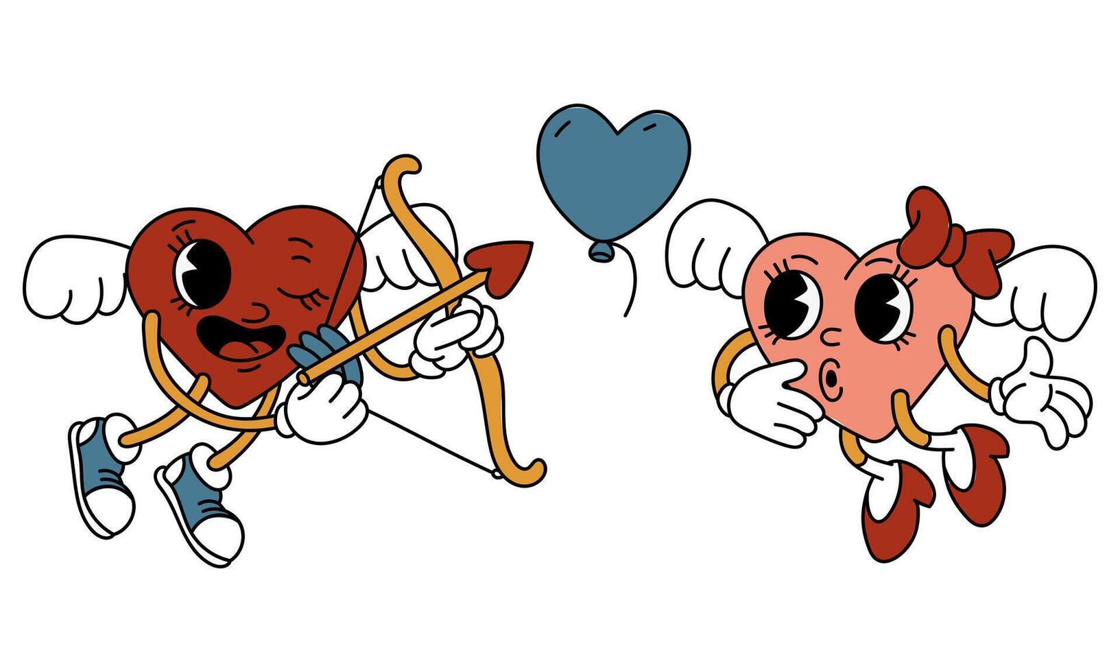 Pair of isolated retro hearts of a boy and a girl are flying. The characters are in the shape of hearts in a retro cartoon style. Vector flat illustration. Valentine's Day bow, arrow, cupid, balloon
