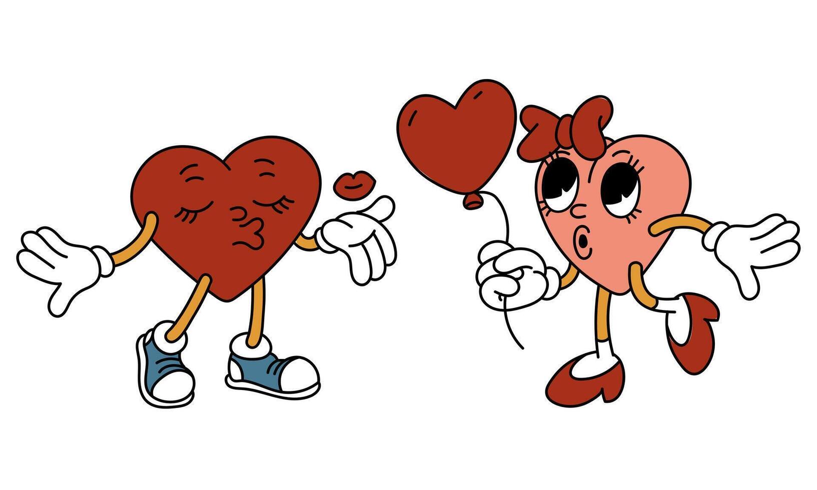 Pair of isolated retro hearts of a boy and a girl are walking towards each other. Heart-shaped characters in retro cartoon style on white. Vector flat illustration. Valentine's Day balloon, kiss love