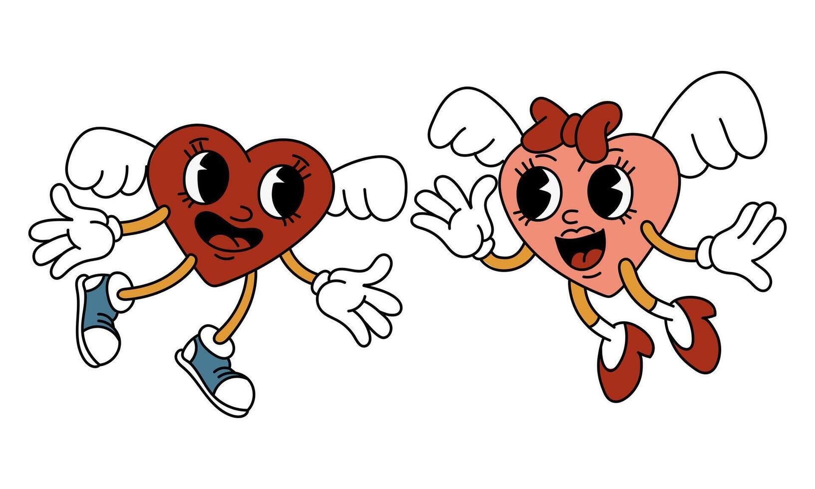 A pair of isolated retro hearts of a boy and a girl are flying. The characters are in the shape of hearts in a retro cartoon style. Vector flat illustration. Valentine's Day wings, joy, cupid