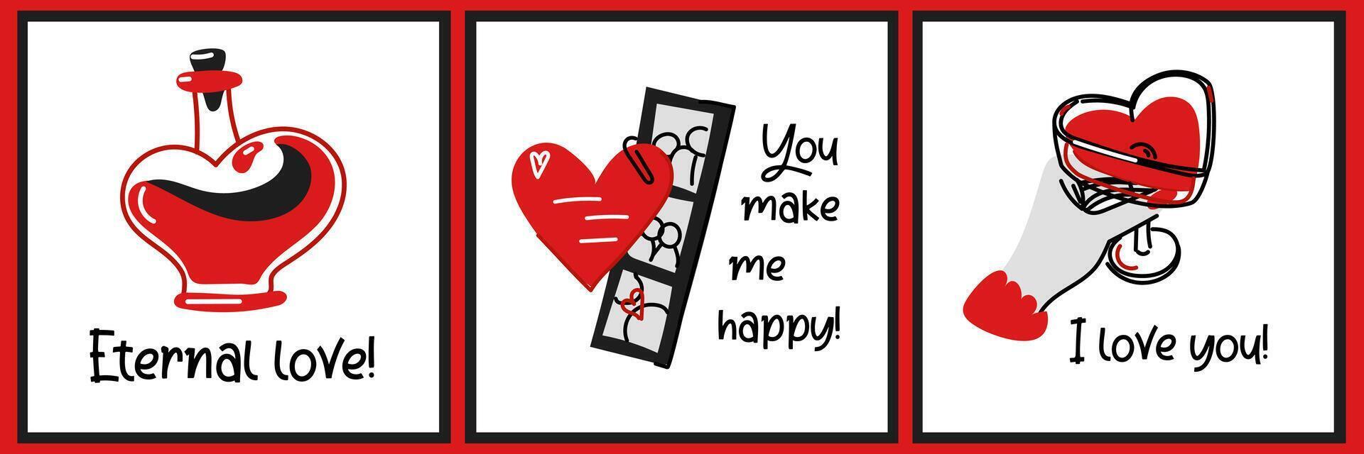 Set of Valentine's Day postcards from doodle-style illustrations. A jar of potion in the shape of a heart, a Valentine with a strip of photos, a woman's hand with a glass. All illustrations with text vector