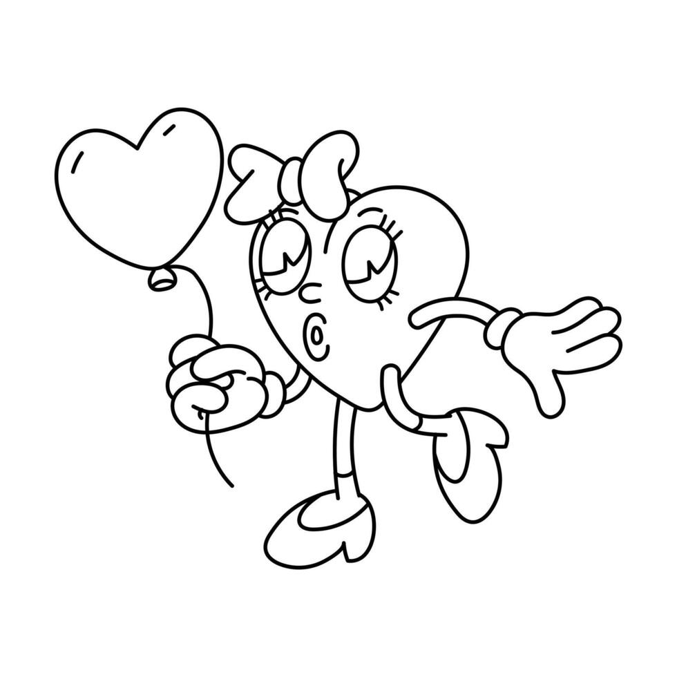 Contour image of a retro heart holding a balloon in its hands. Female character in the shape of a heart in the retro cartoon style, isolated on a white background. Vector illustration the doodle line