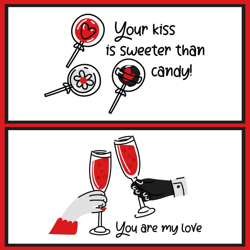 A set of Valentine's Day postcards from doodle-style illustrations. Sweet lollipops, a couple of lovers with glasses of wine. All illustrations with declarations of eternal love vector