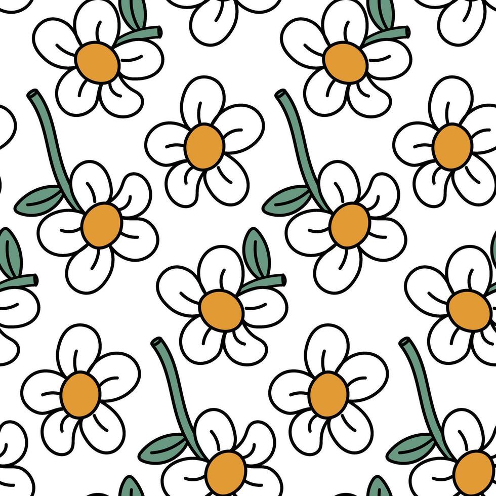 Retro cartoon daisy pattern. The flower is hand-painted. A bright black outline with a yellow fill. Seamless pattern highlighted on a white background. Vintage abstract endless background vector